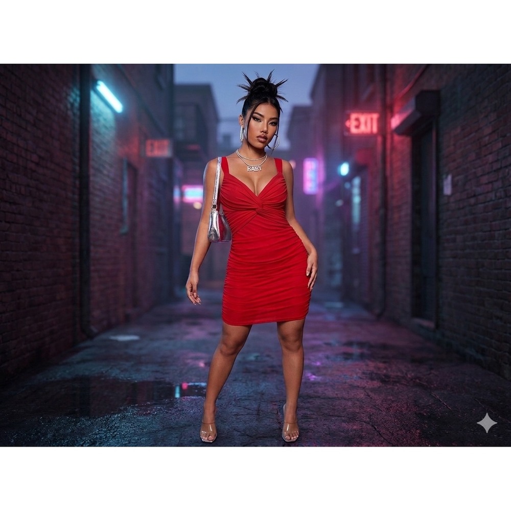 Vintage Y2K Women Ruched Bodycon Mini Dress 7 Red Clubwear Mesh Bratz Glamoratti